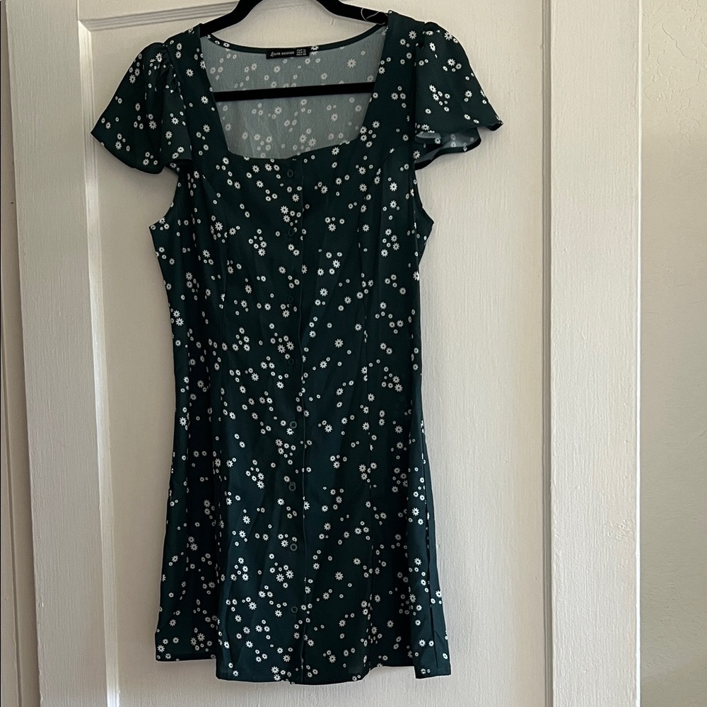 Dark Green Floral Square-Neck Mini Dress with Flutter Sleeves